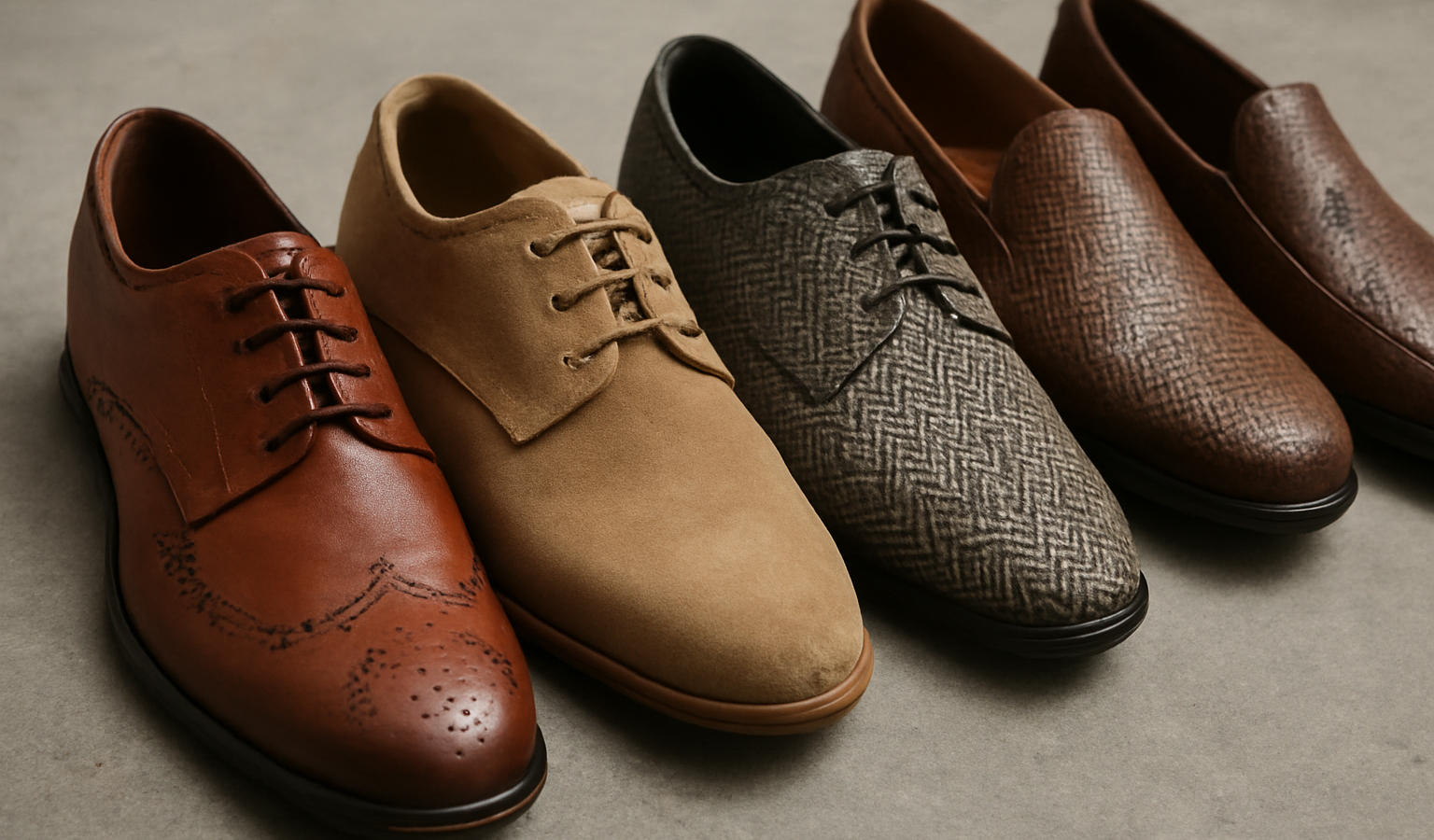 chaussures alignées montrant motifs et textures variés
