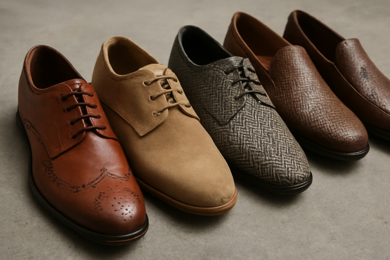 chaussures alignées montrant motifs et textures variés