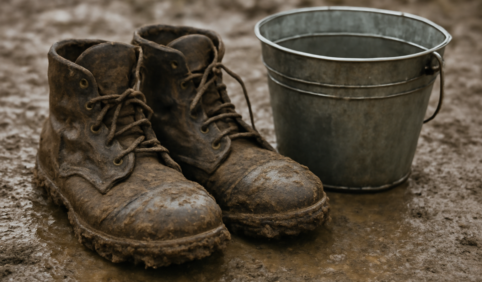 chaussures boueuses près d'un seau d'eau