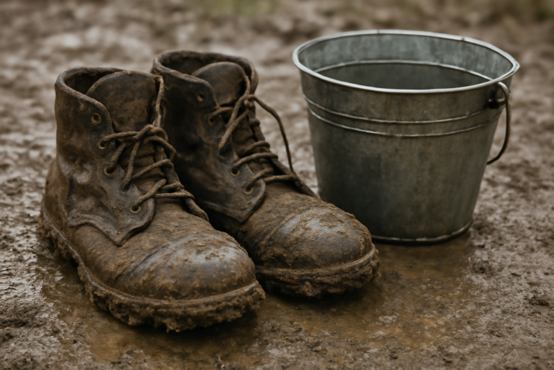chaussures boueuses près d'un seau d'eau