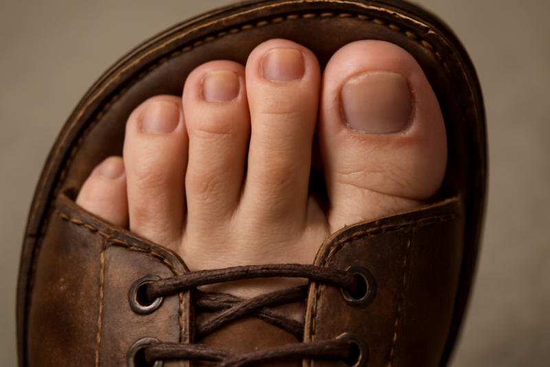 gros plan orteils serrés dans chaussure