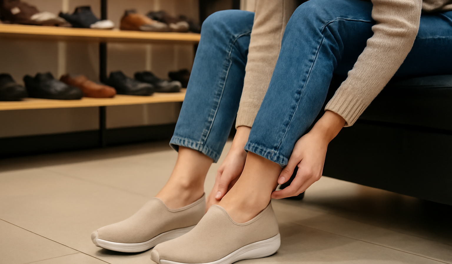 personne essayant chaussures confortables en magasin