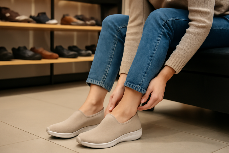 personne essayant chaussures confortables en magasin