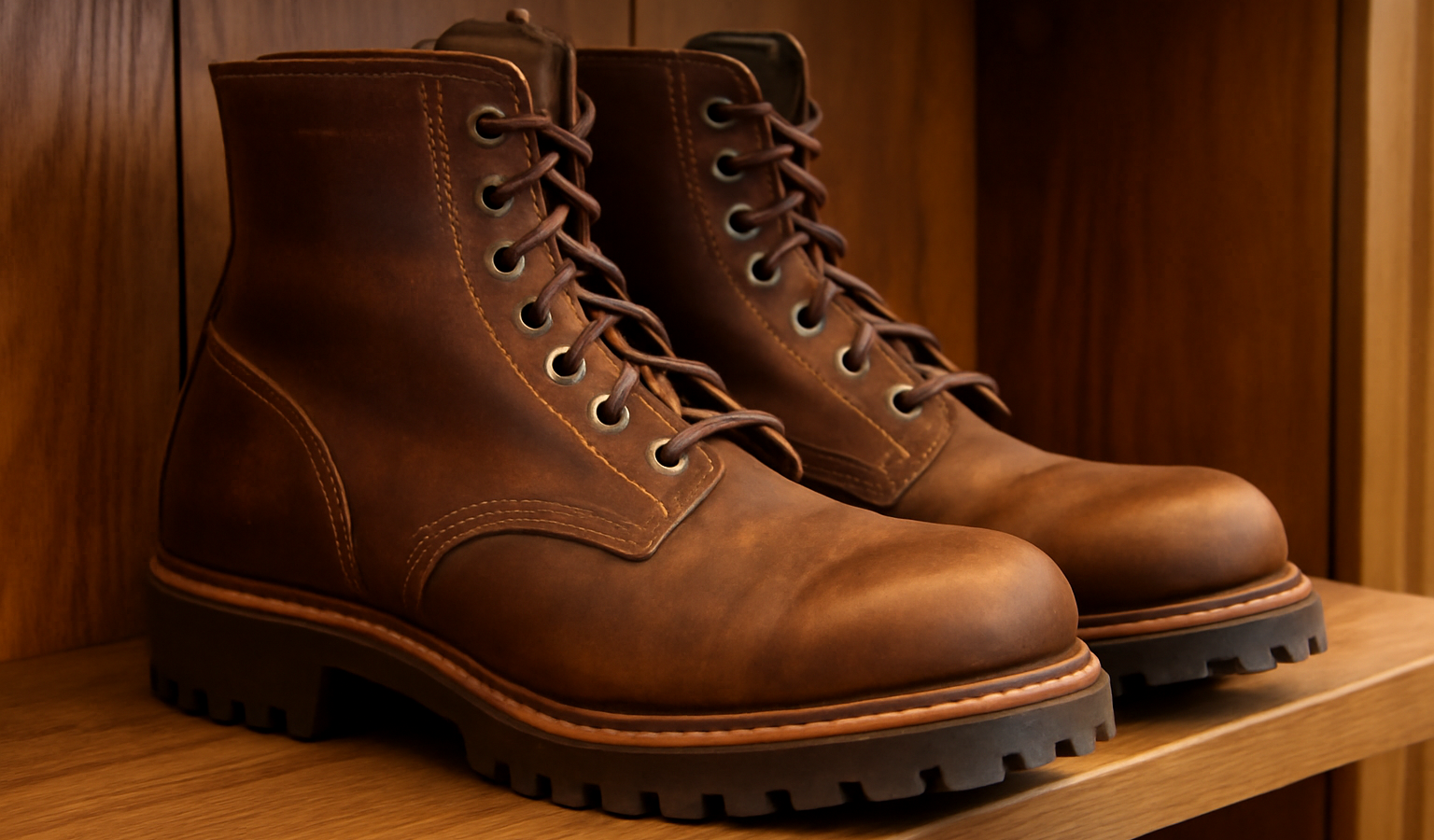 chaussures cuir épais exposées sur etagere en bois