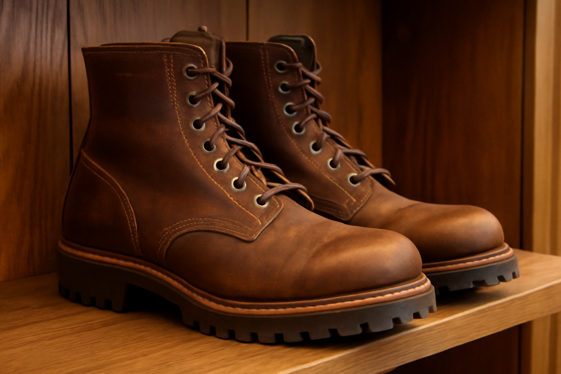 chaussures cuir épais exposées sur etagere en bois