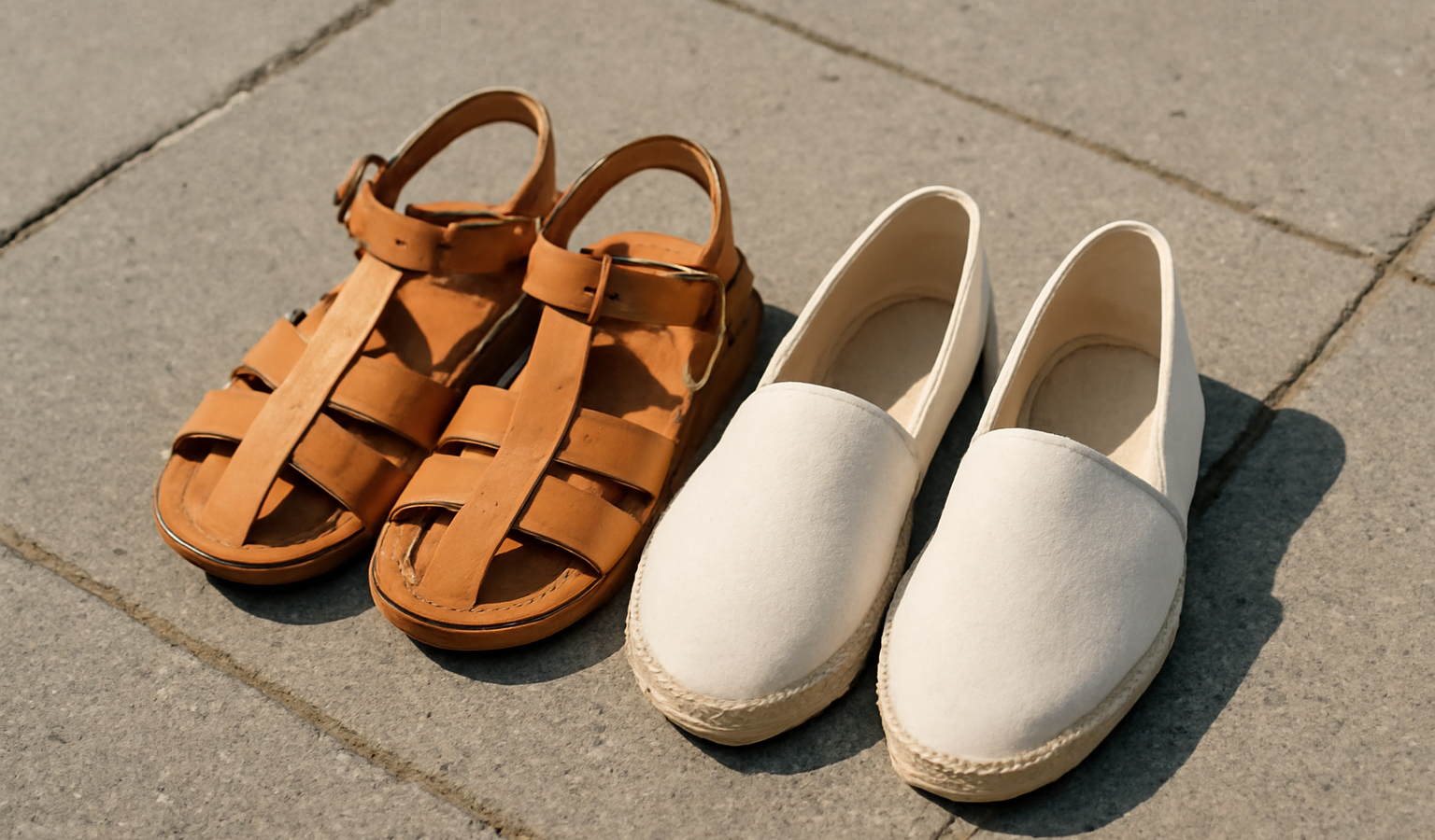 paires chaussures estivales posées sur trottoir