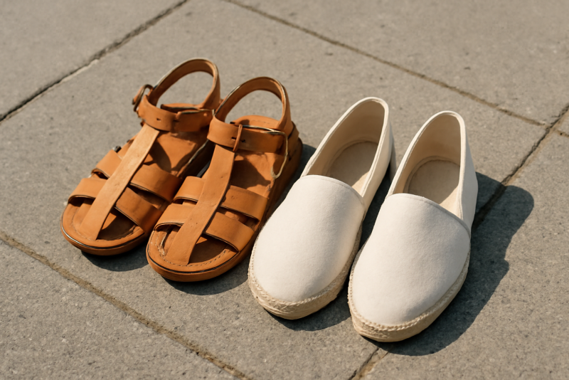 paires chaussures estivales posées sur trottoir