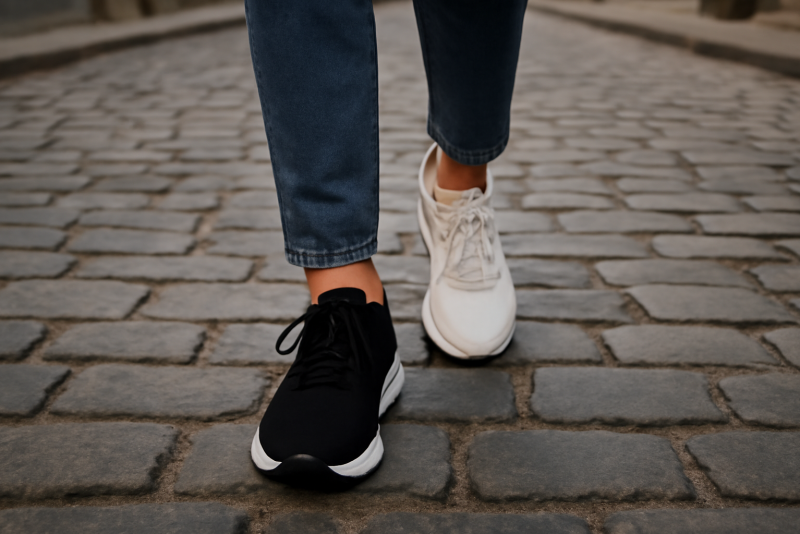 personne marchant dans rue pavée en baskets contrastées