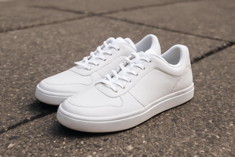 paire de baskets generiques posee sur sol urbain