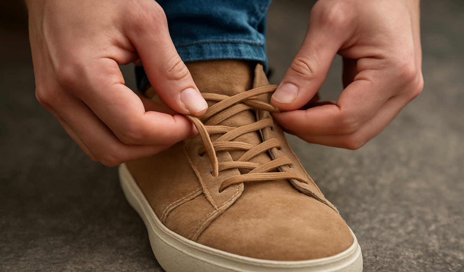 mains remplaçant un lacet sur chaussure