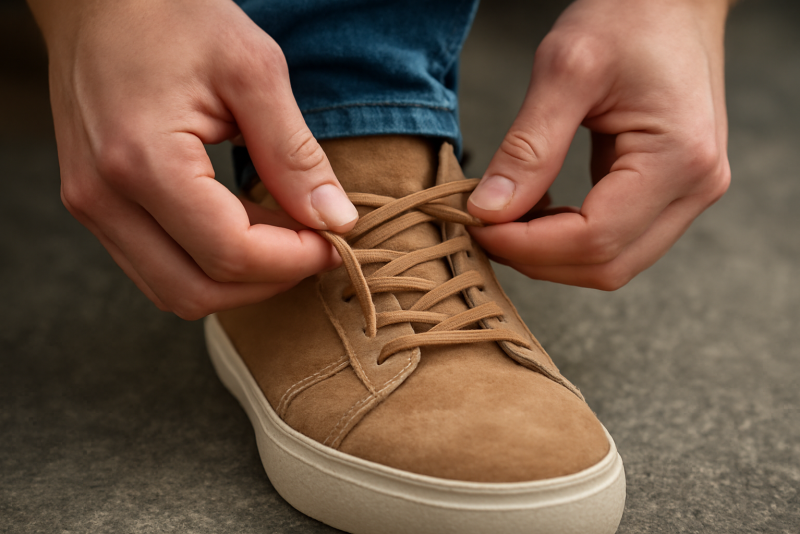 mains remplaçant un lacet sur chaussure