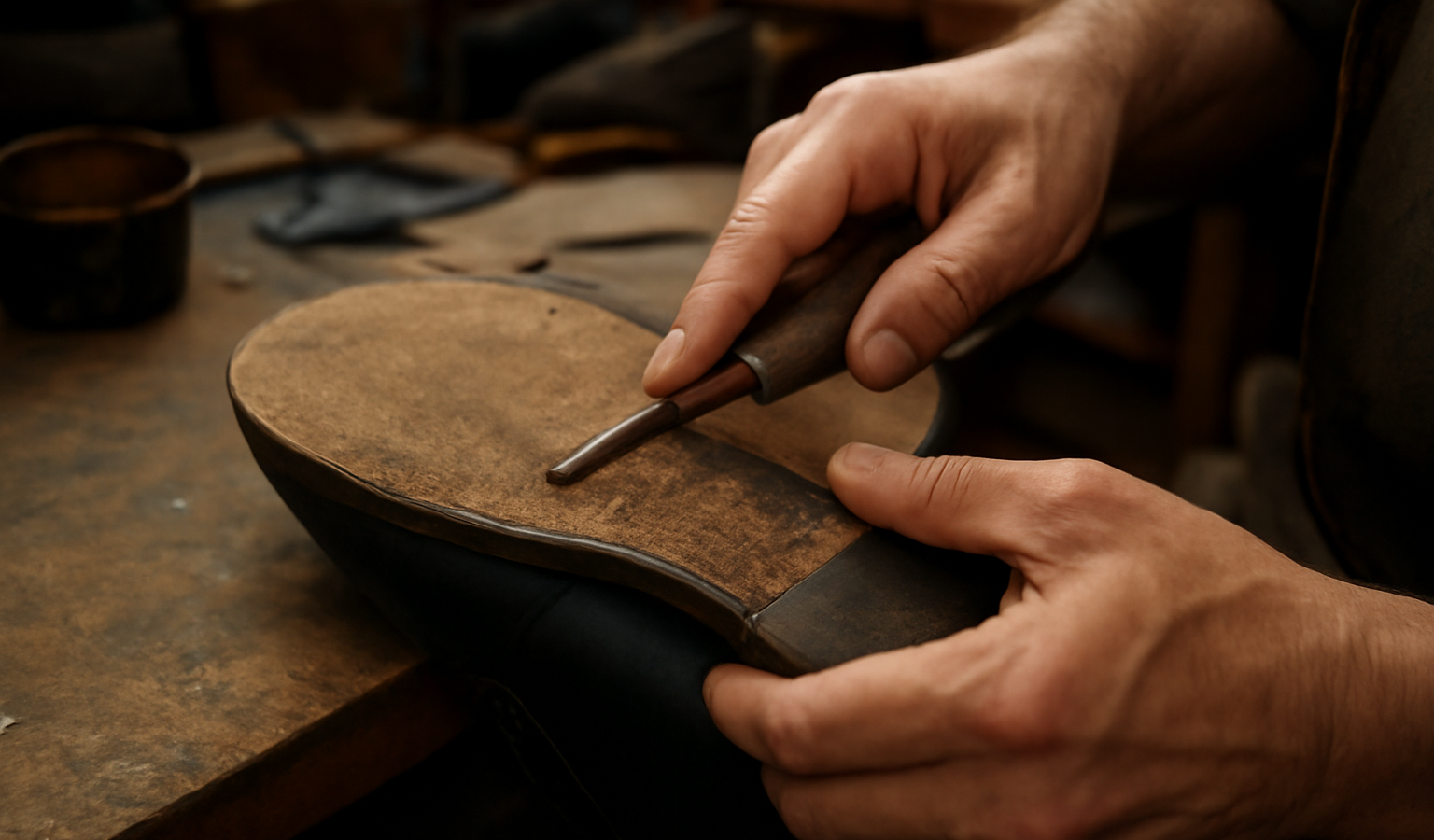 mains artisan réparant une semelle en atelier