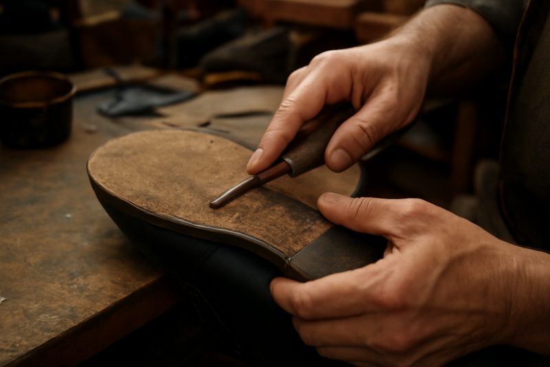 mains artisan réparant une semelle en atelier