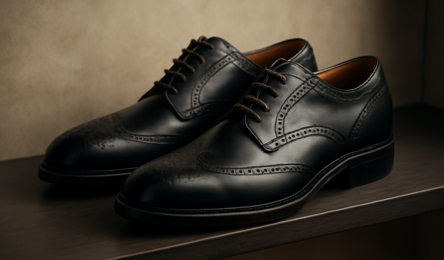 paire de richelieus noire stylisée sur étagère