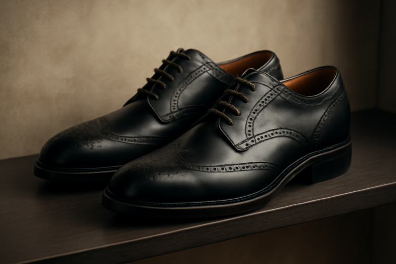 paire de richelieus noire stylisée sur étagère