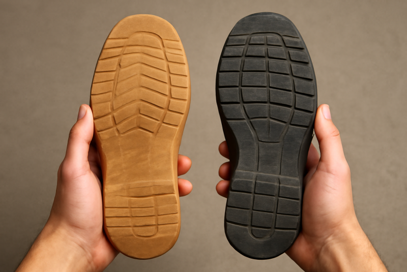 mains comparant deux semelles côte à côte