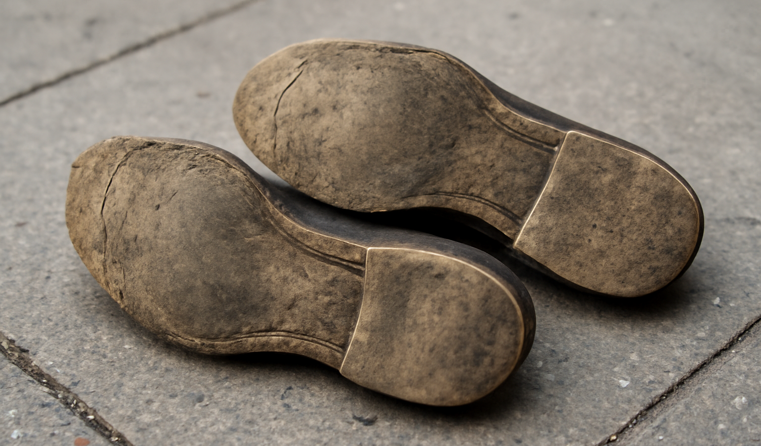 semelles d'une paire usée sur trottoir