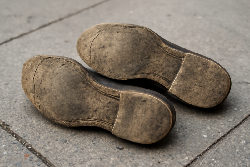 semelles d'une paire usée sur trottoir