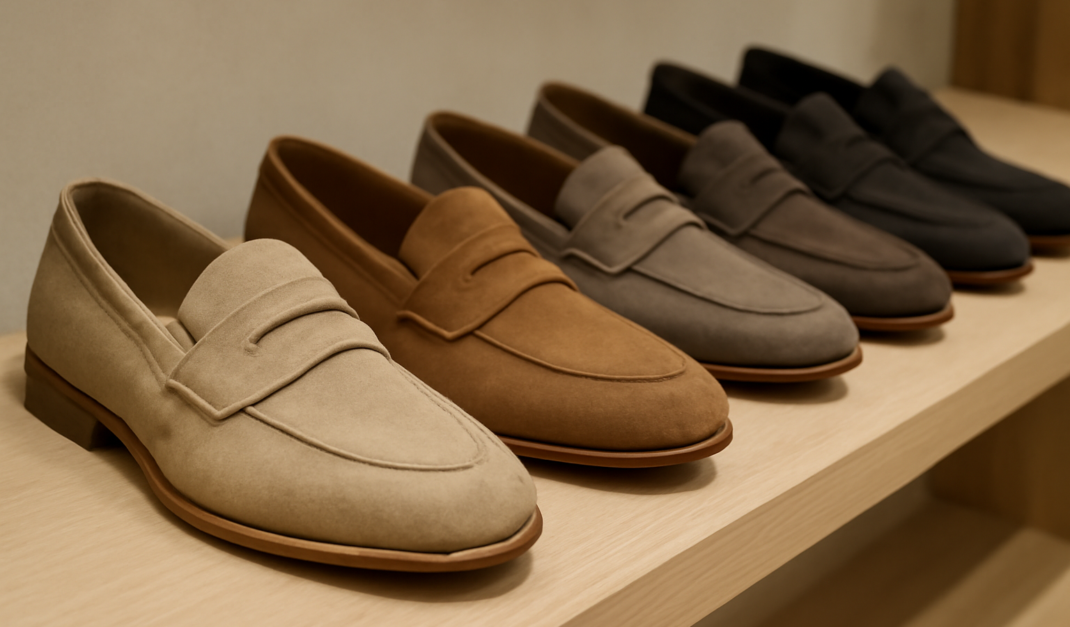 plusieurs mocassins alignés sur étagère
