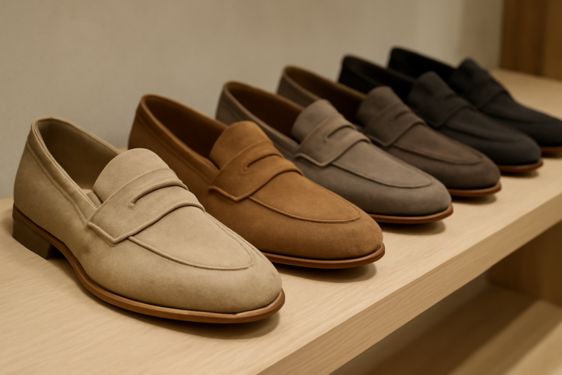 plusieurs mocassins alignés sur étagère