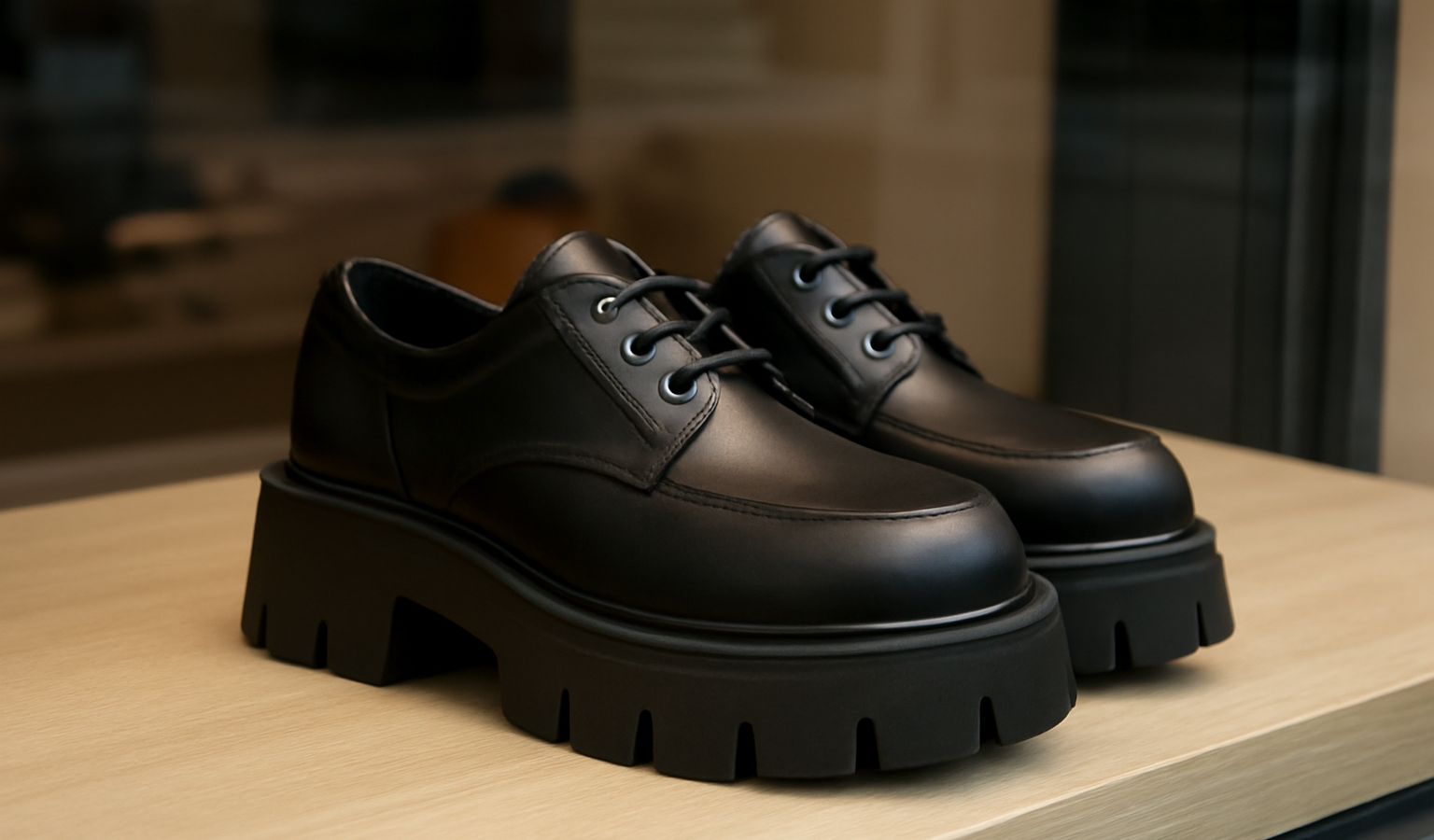 chaussures avec semelles épaisses en vitrine