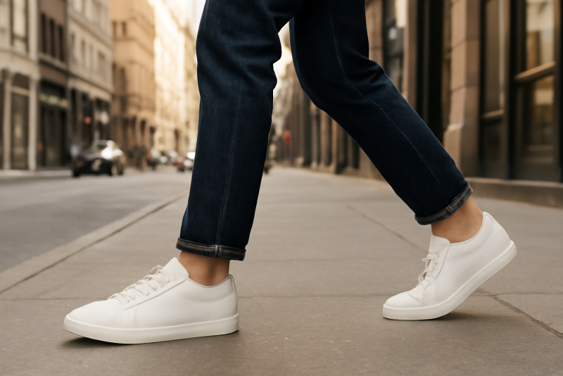 personne marchant en ville portant baskets simples