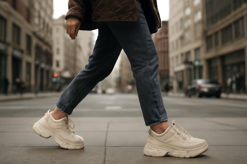 personne marchant en ville en baskets épaisses