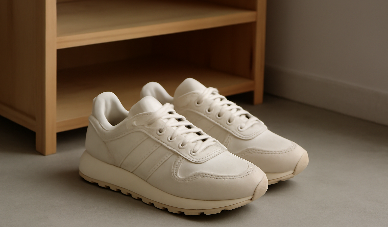 sneakers posees près d'une étagère
