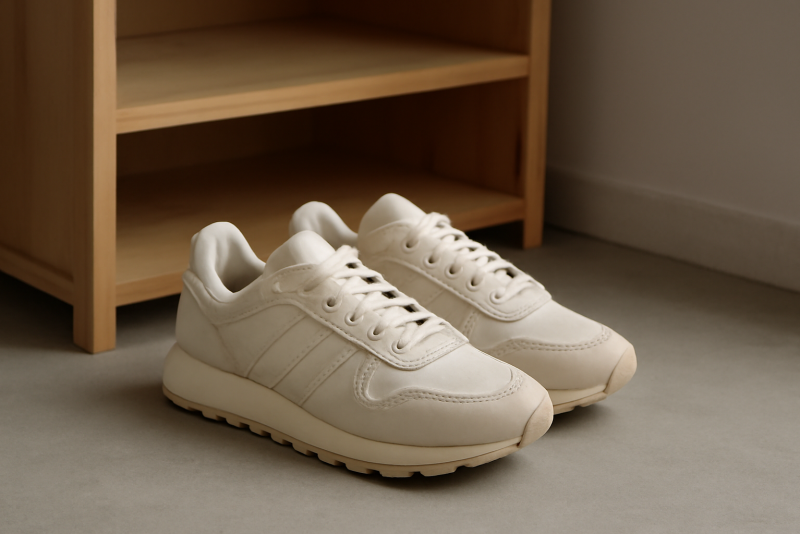 sneakers posees près d'une étagère