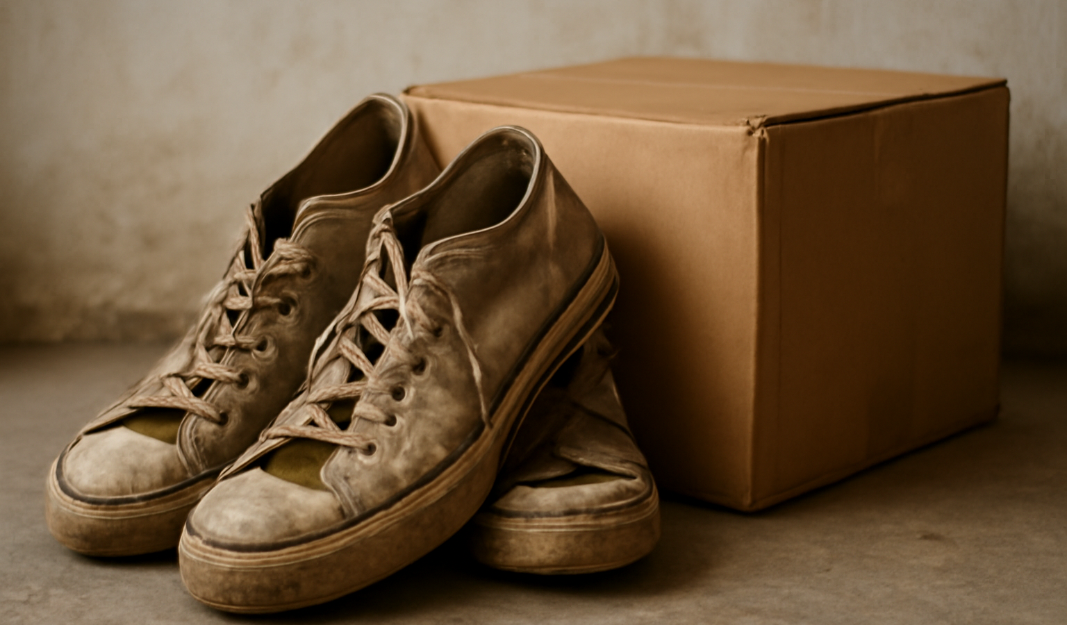 sneakers usées empilées près d'une boite