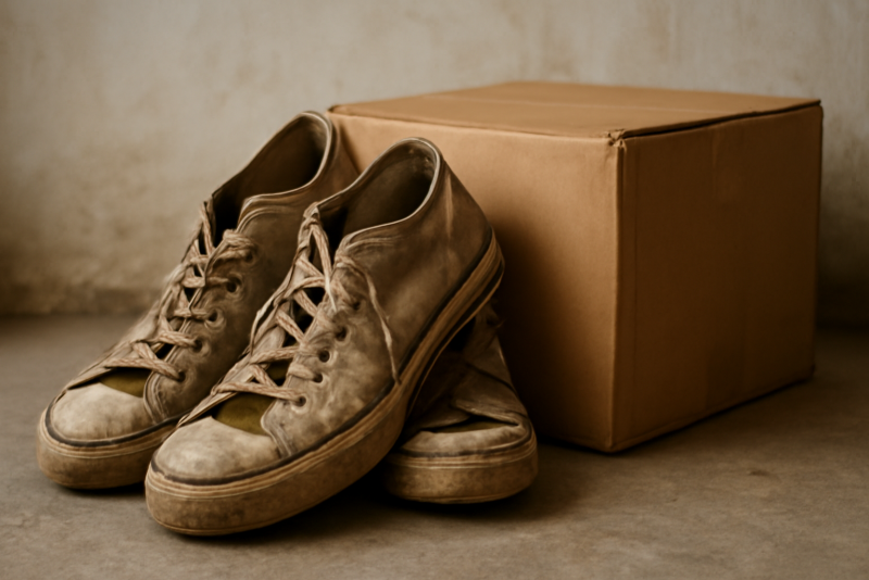 sneakers usées empilées près d'une boite