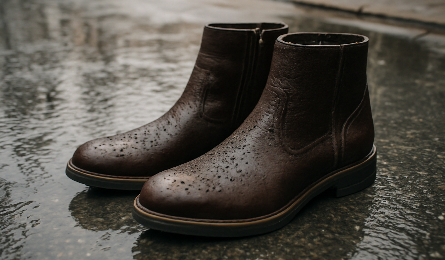 bottines posées sur sol mouillé urbain