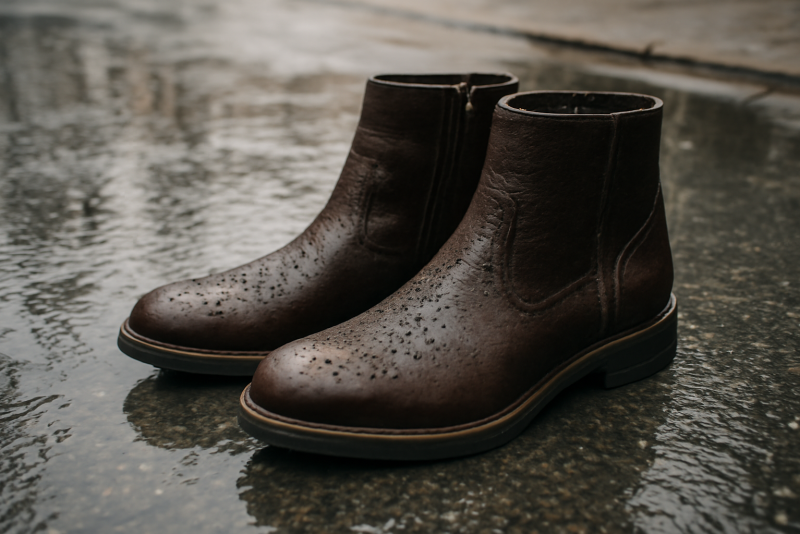 bottines posées sur sol mouillé urbain