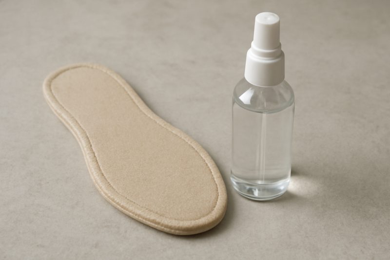 semelle textile posée à côté d'un spray neutre