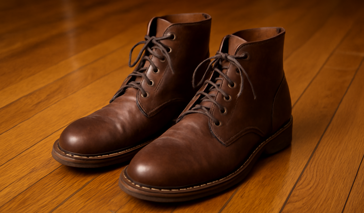 paire de bottines posée sur plancher ciré