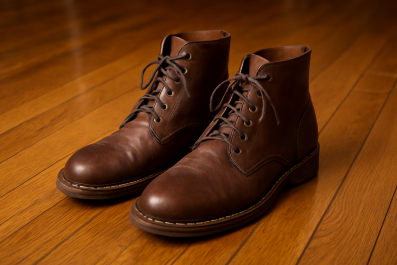 paire de bottines posée sur plancher ciré