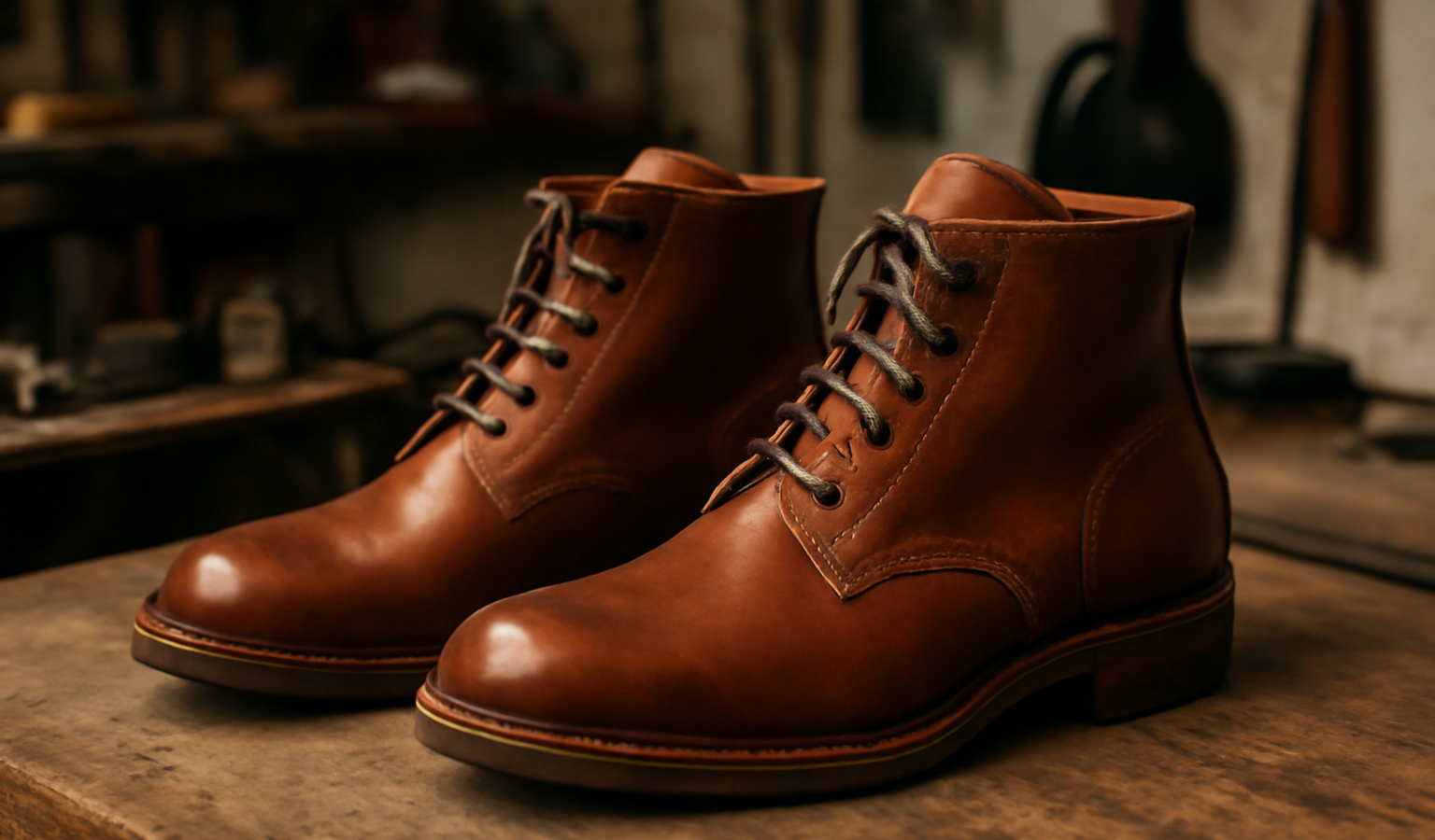 paire de bottines artisanales posée sur atelier