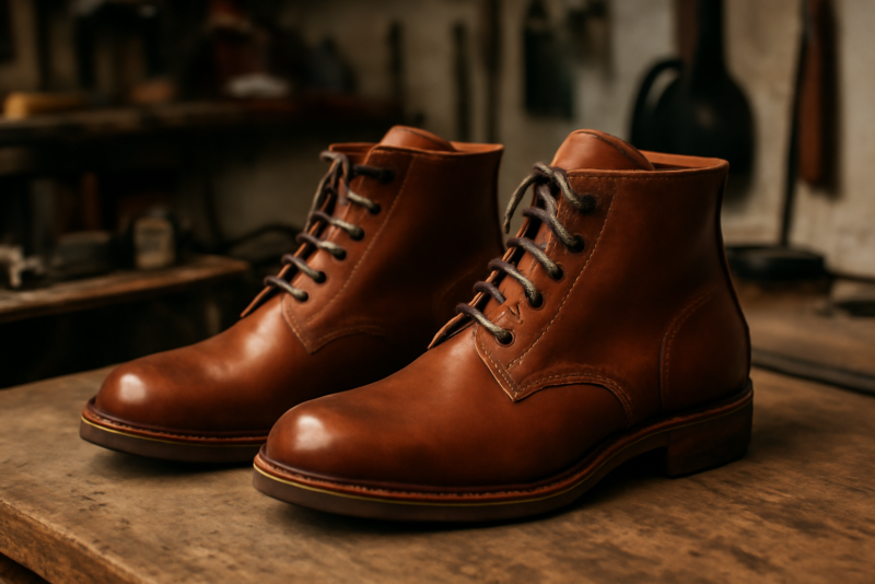 paire de bottines artisanales posée sur atelier