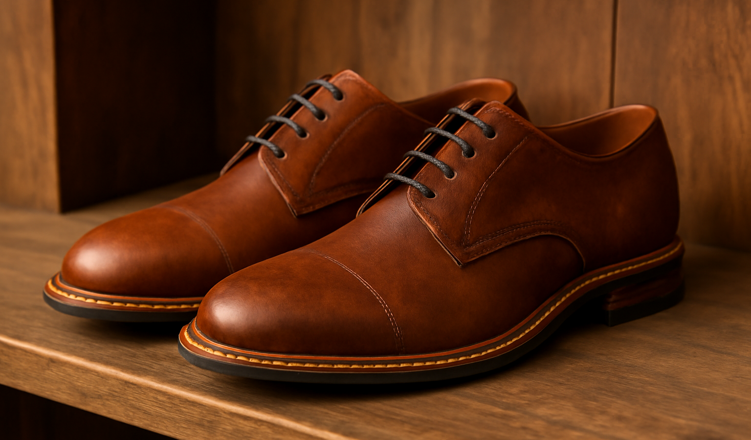 paire de chaussures artisanales sur étagère en bois