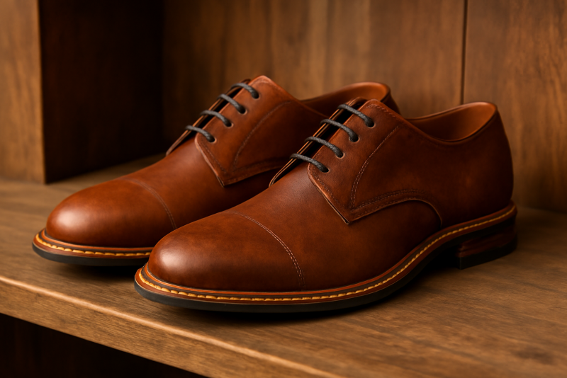 paire de chaussures artisanales sur étagère en bois